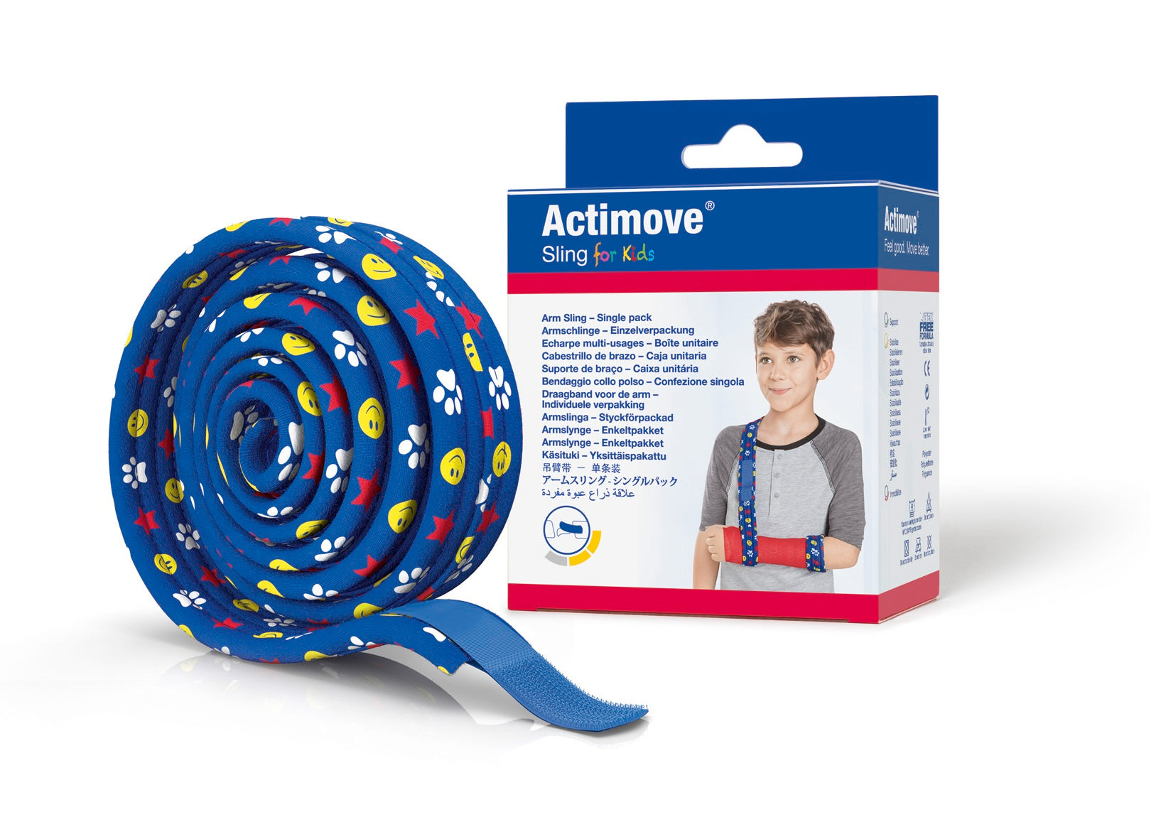 Actimove Kids sling bandage, 3.6cm x 1.4m, soft elastic support for children, in a clear packaging.