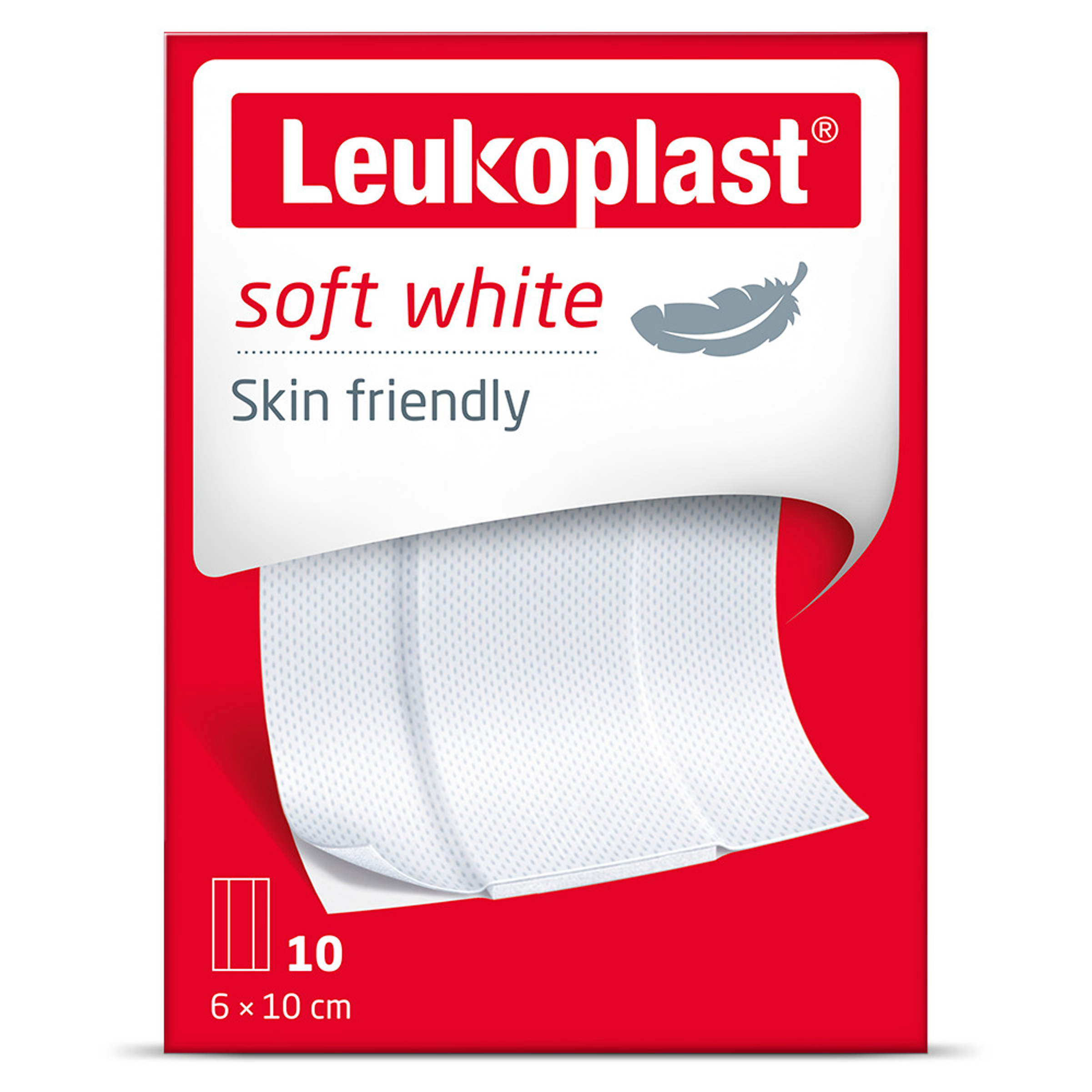 Leukoplast Soft white adhesive bandages, 8x10cm, pack of 10, for wound care and protection.