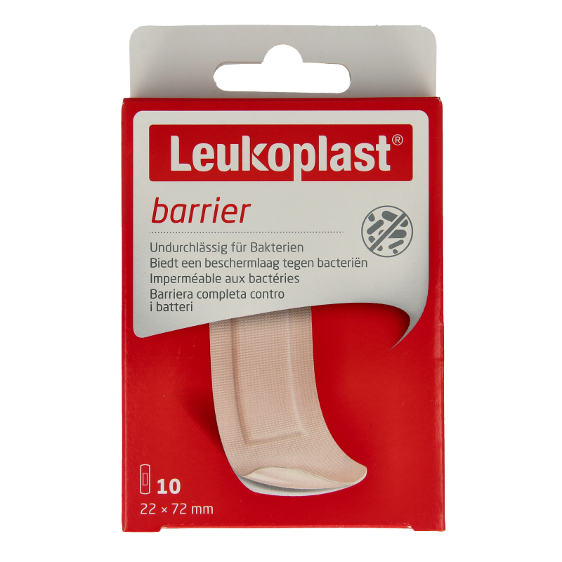 Leukoplast Barrier 22x72mm medical waterproof adhesive tape on a roll for skin protection and wound care.