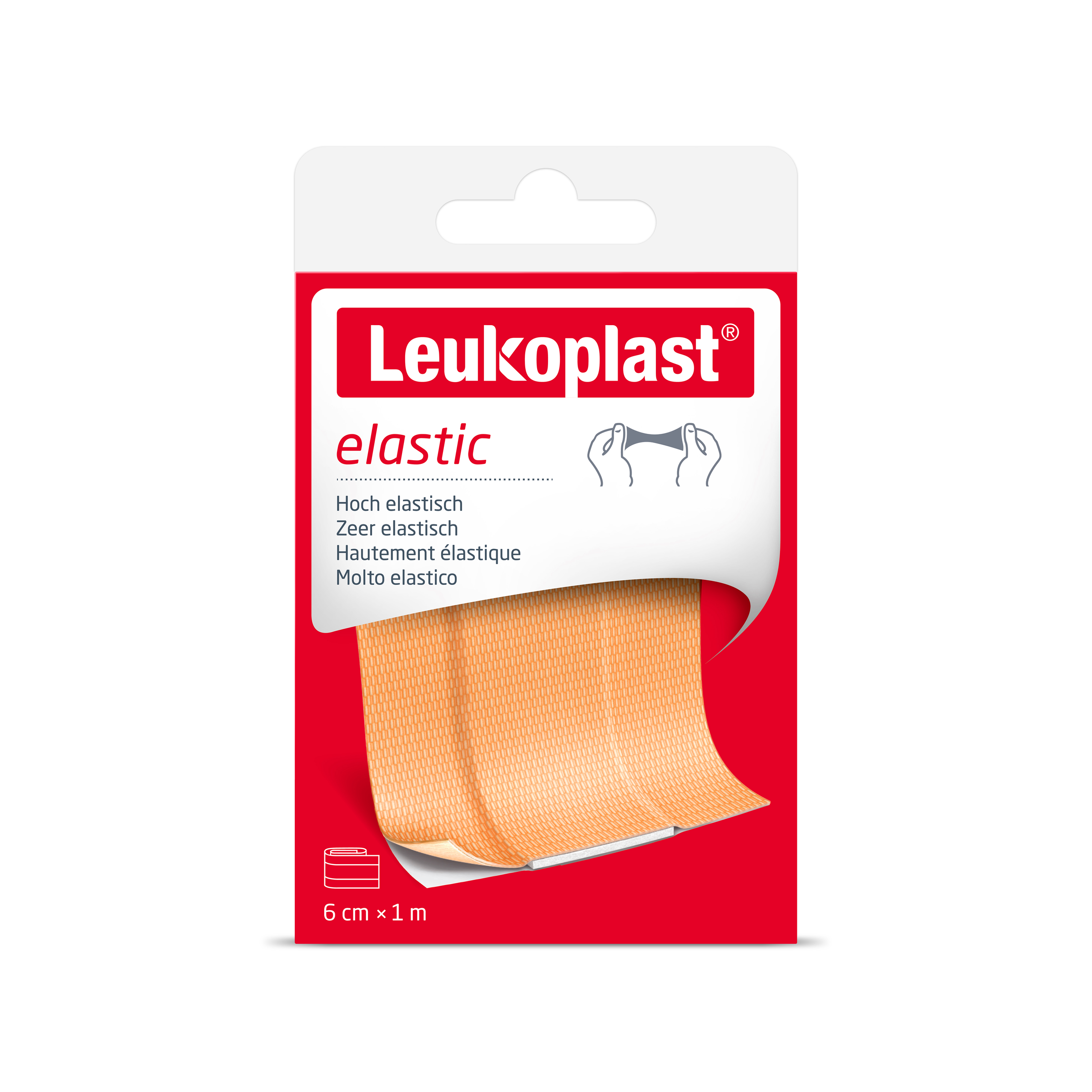 Leukoplast Elastic adhesive bandage, 1 meter by 6 cm, shown in the image, ideal for flexible wound support and compression.