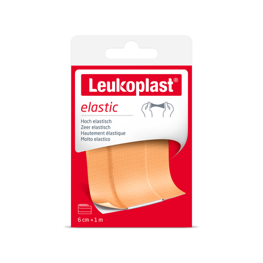 Leukoplast Elastic adhesive bandage, 1 meter by 6 cm, shown in the image, ideal for flexible wound support and compression.