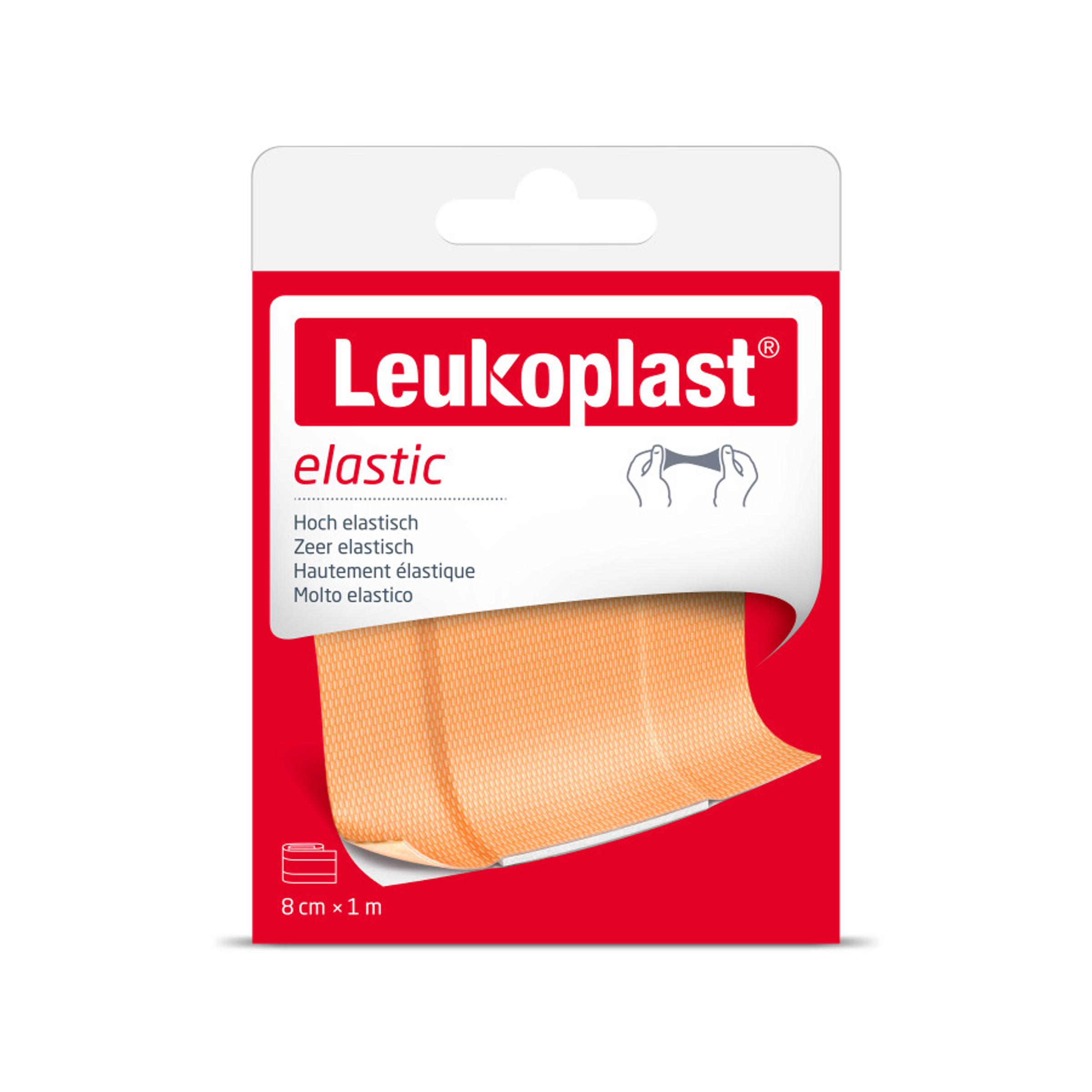 Leukoplast elastic plaster roll, 1m x 8cm, adhesive bandage for flexible wound coverage, in packaging.