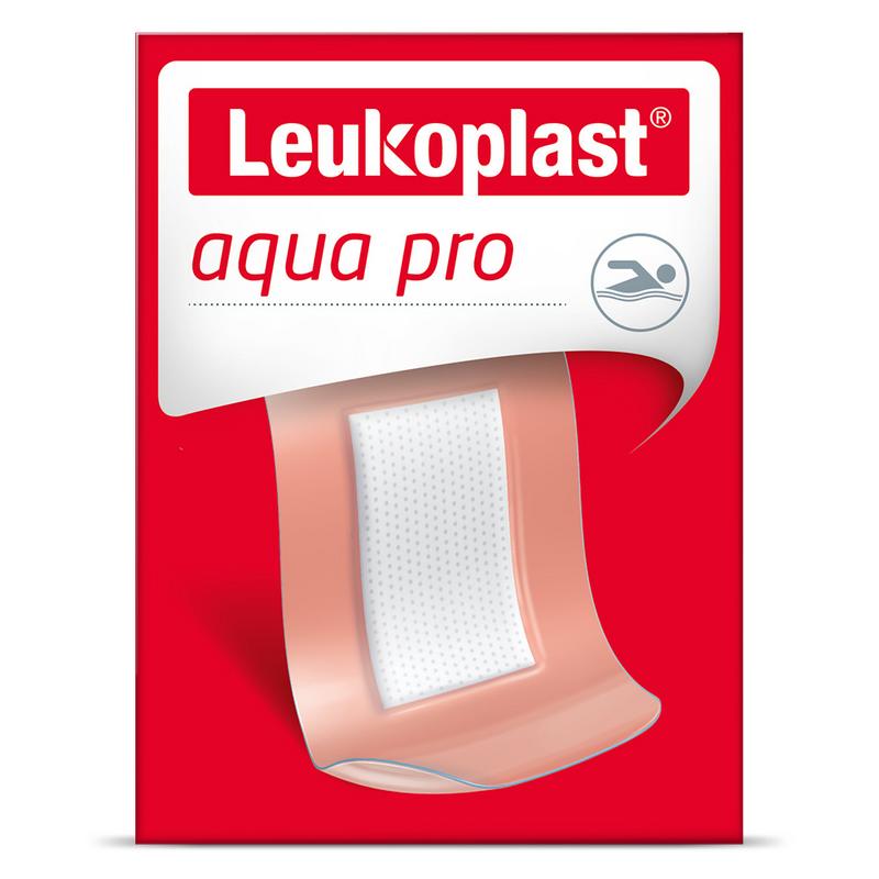 Leukoplast Aqua Pro waterproof adhesive bandages, 19x72mm, 10 pieces, for wound protection and skin care.