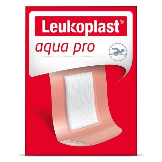 Leukoplast Aqua Pro waterproof adhesive bandages, 19x72mm, 10 pieces, for wound protection and skin care.