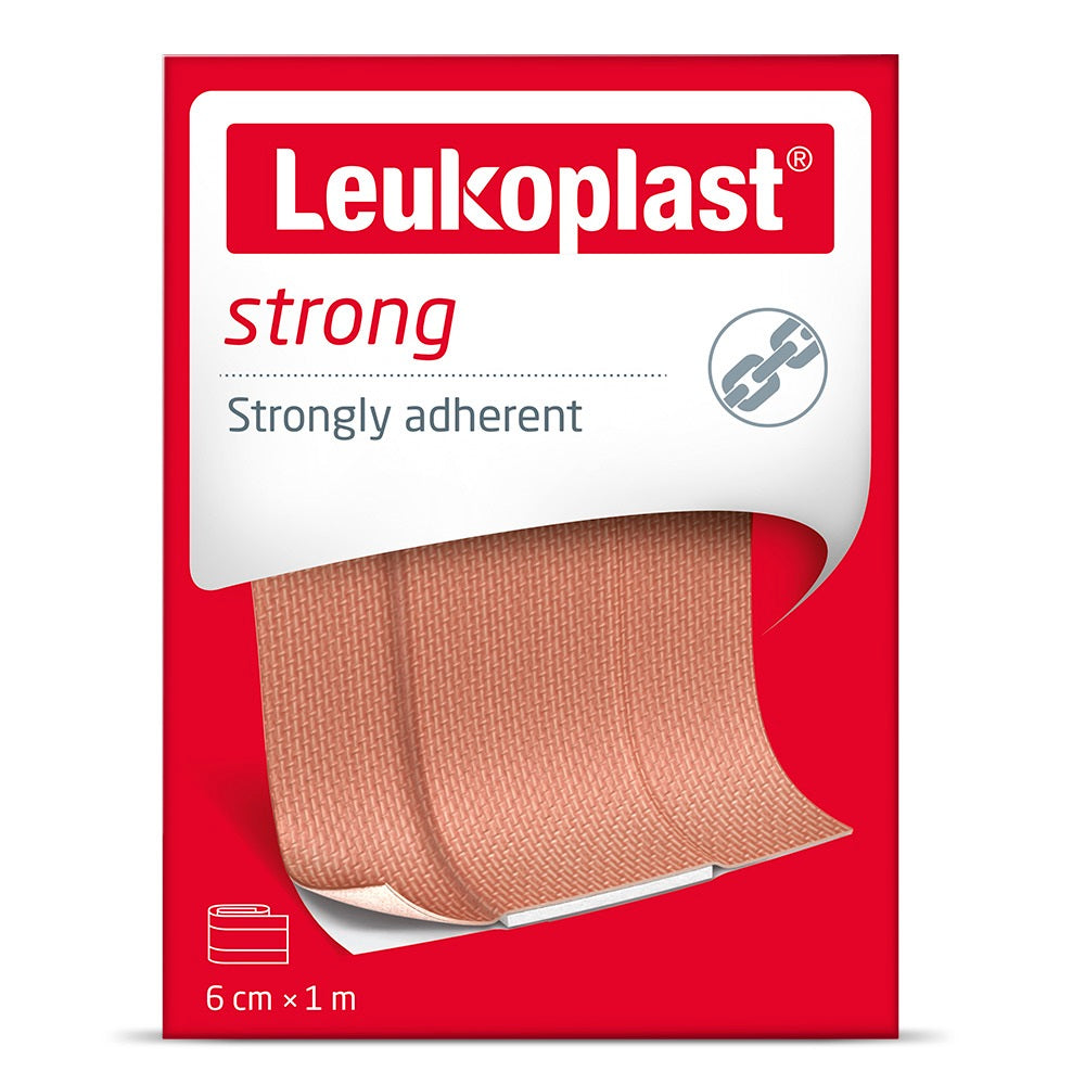 Leukoplast strong adhesive bandages 1m x 6cm, medical tape for wound care, shown in the image.