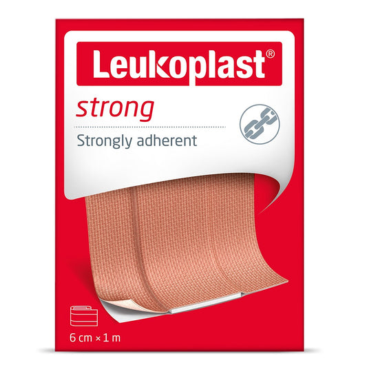Leukoplast strong adhesive bandages 1m x 6cm, medical tape for wound care, shown in the image.
