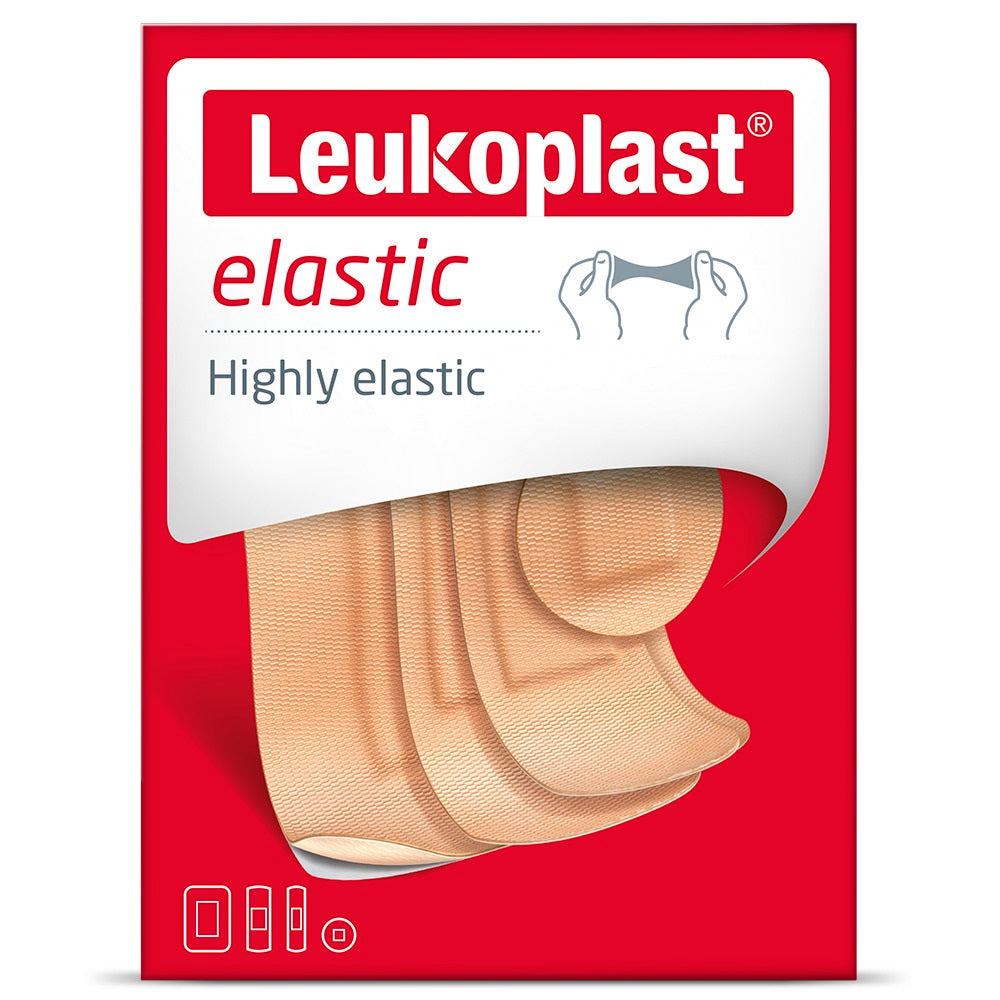 Leukoplast elastic mix adhesive bandages and tape, 40 pieces, for flexible wound protection and secure dressing application.