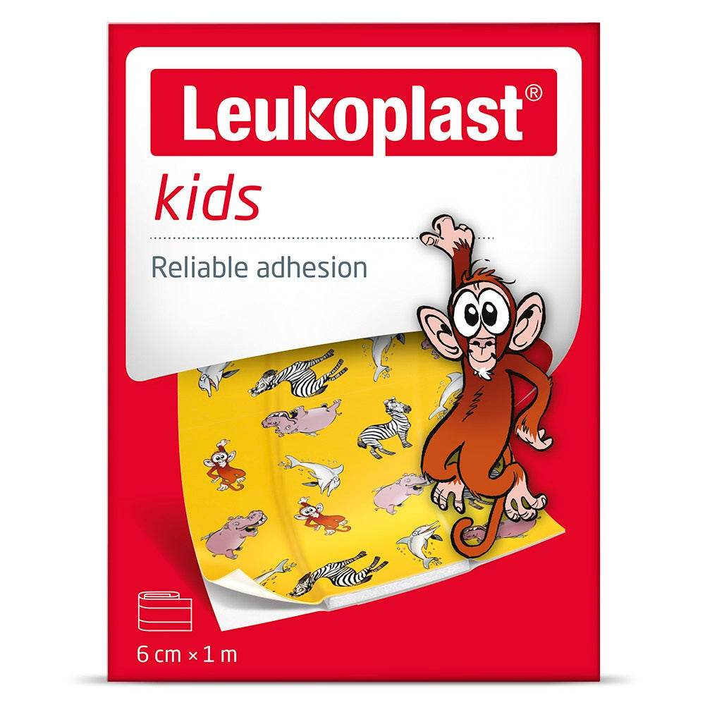 Leukoplast Kids adhesive bandages, 1 meter by 6 cm, for children, in a box of 1, designed to cover small wounds and cuts.