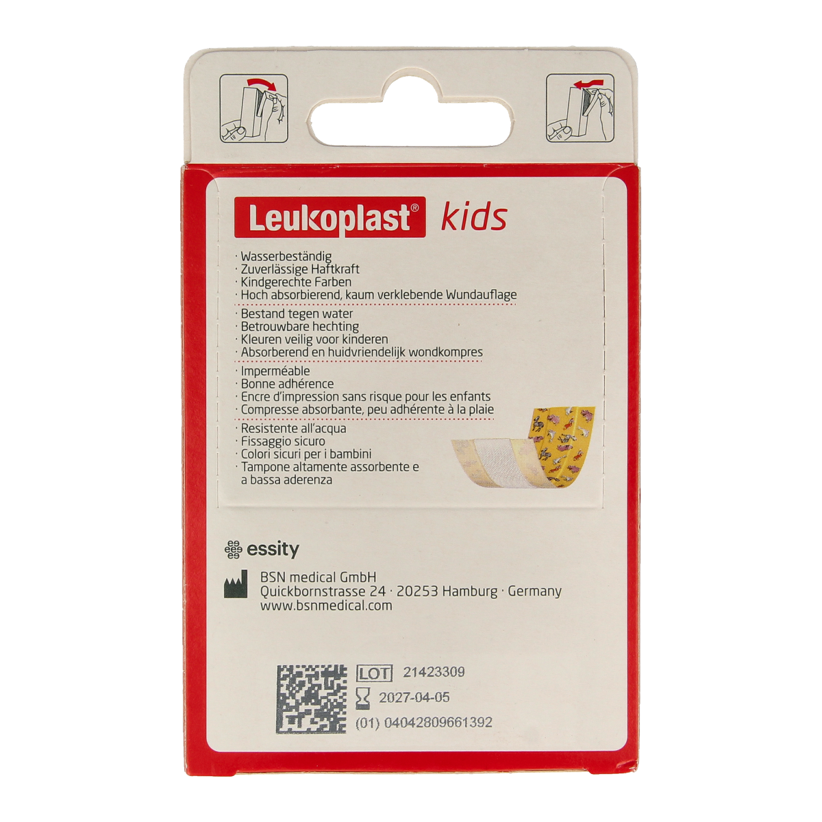 Leukoplast Kids adhesive bandage 1m x 6cm, sterile skin-friendly plaster for children, shown on a white background.