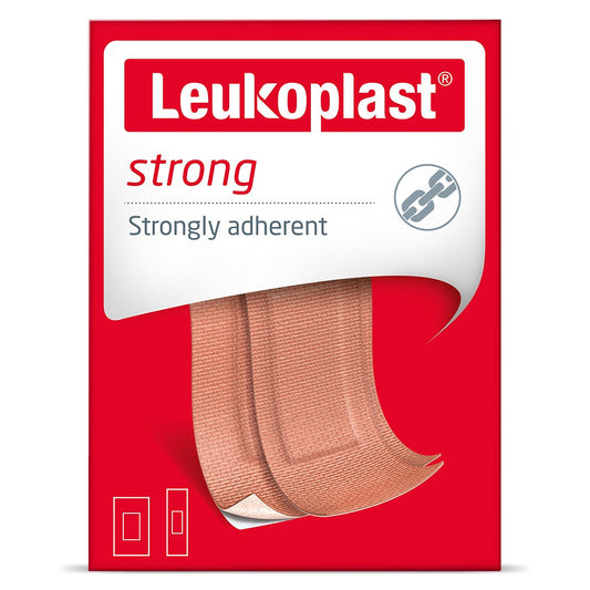 Leukoplast Pleisters strong mix, 20 durable adhesive bandages and tapes for wound care, shown on a neutral background.