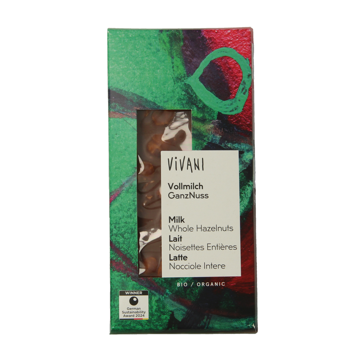 Milk chocolate Vivani bar with whole hazelnuts, organic, 100g, shown with pieces of hazelnuts and chocolate chunks
