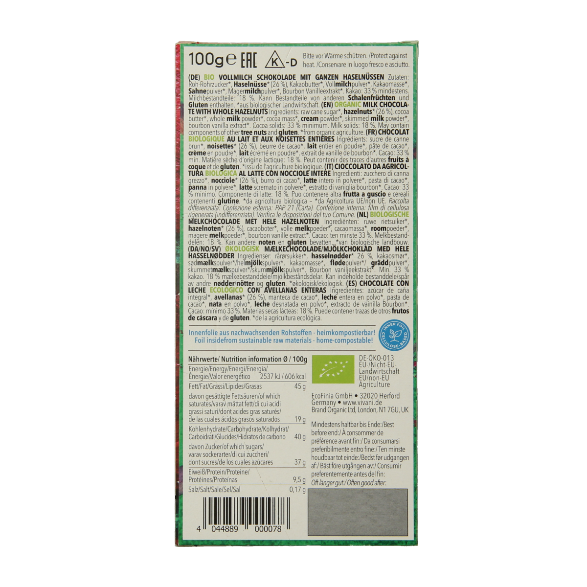 Vivani milk chocolate with whole hazelnuts, bio, 100g, showing a close-up of the chocolate bar with visible hazelnuts.