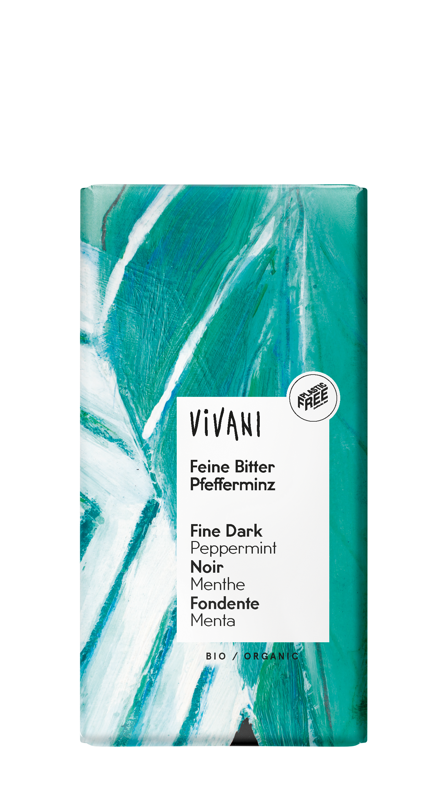 Vivani dark chocolate with organic peppermint, 100g, showing a close-up of the chocolate bar with peppermint pieces.
