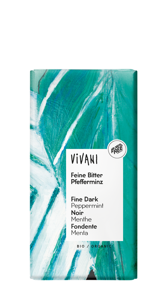 Vivani dark chocolate with organic peppermint, 100g, showing a close-up of the chocolate bar with peppermint pieces.