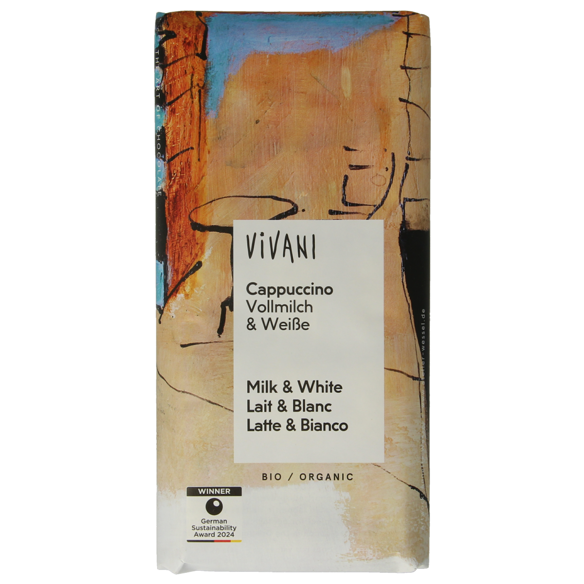 Vivani milk and white chocolate cappuccino bio 100g package with chocolate pieces and cappuccino flavor details visible.