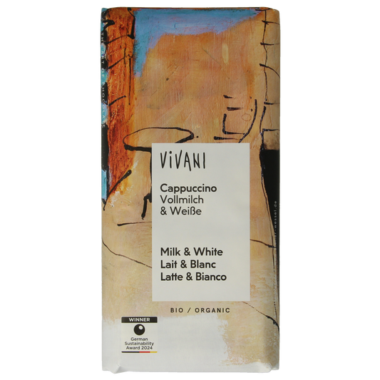 Vivani milk and white chocolate cappuccino bio 100g package with chocolate pieces and cappuccino flavor details visible.