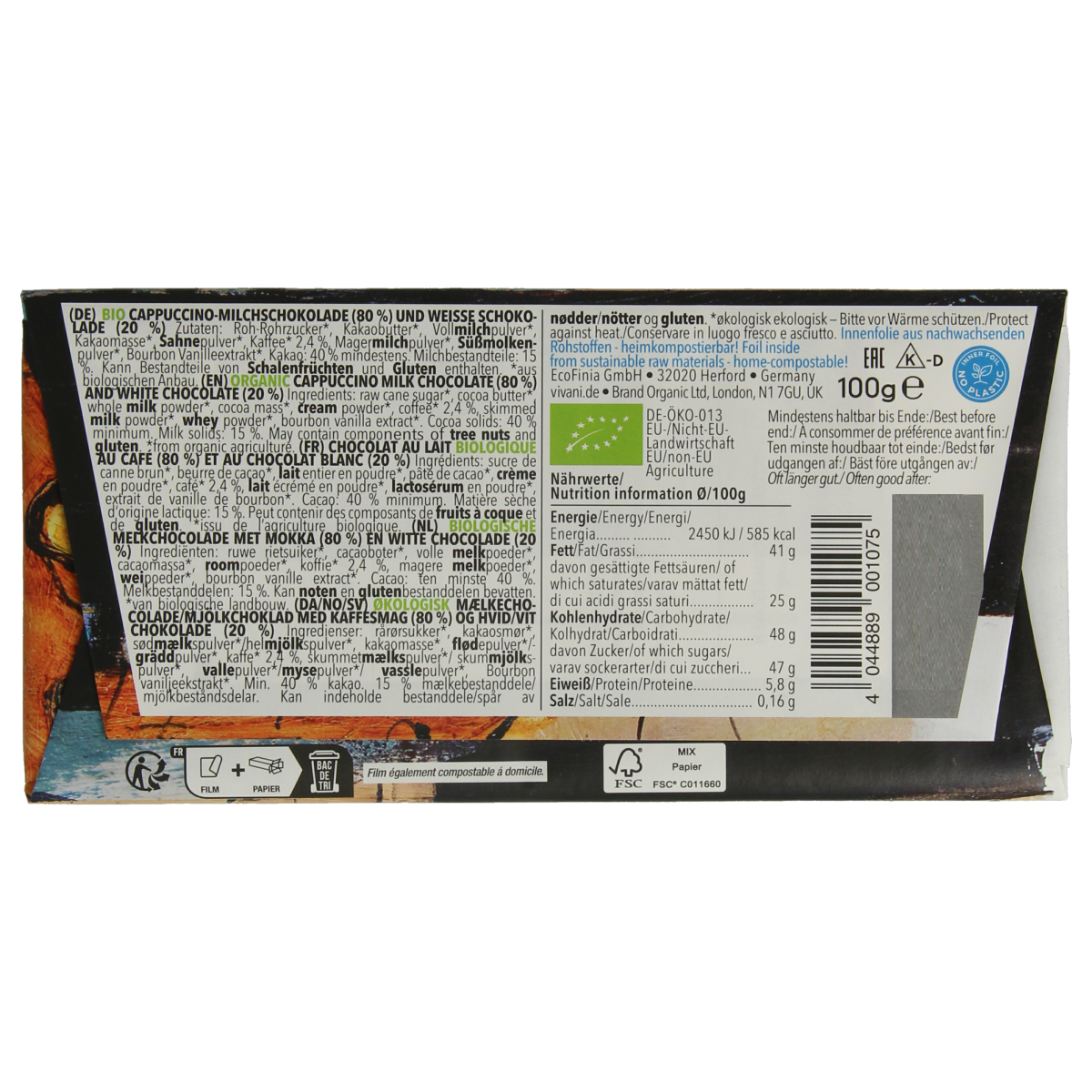 Vivani milk and white bio cappuccino chocolate bar, 100g, with images of the chocolate pieces and packaging.