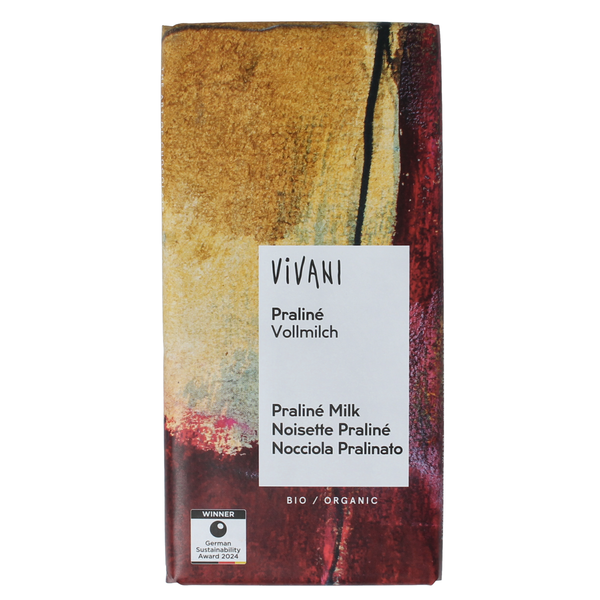 Vivani milk chocolate praline with nougat, bio, 100g, featuring smooth chocolate exterior and creamy nougat filling.