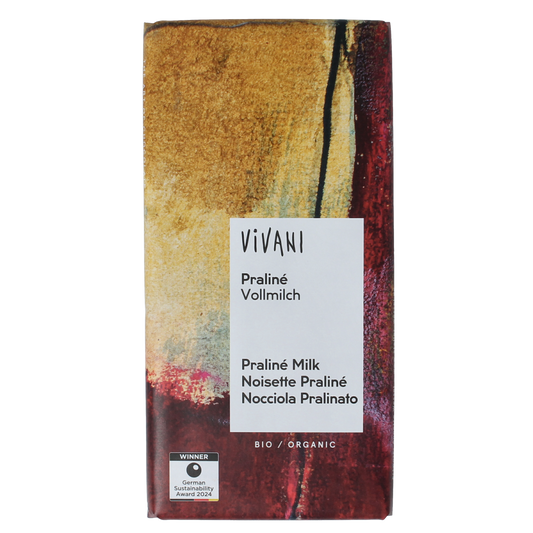 Vivani milk chocolate praline with nougat, bio, 100g, featuring smooth chocolate exterior and creamy nougat filling.