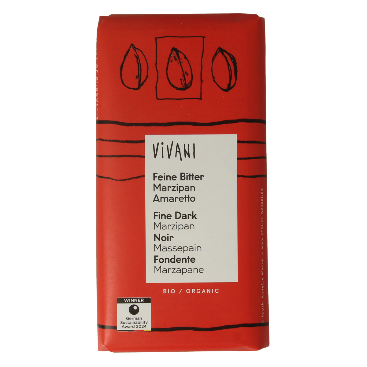 Vivani pure chocolate bar with marzipan and amaretto, 100g, showing the rich chocolate and marzipan filling inside.