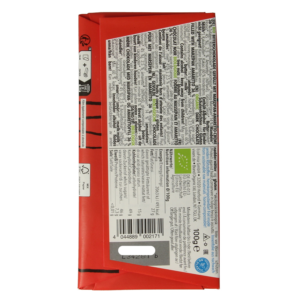 Vivani pure chocolate with marzipan and amaretto in a 100g bar, showcasing the smooth chocolate and marzipan filling.