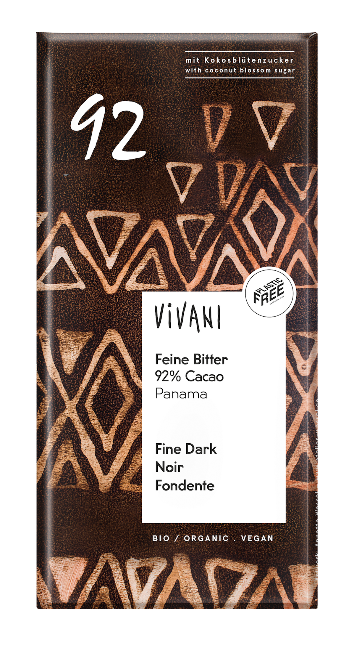 Vivani organic 92% cacao chocolate with coconut blossom sugar, 80g bar showing dark chocolate pieces and coconut sugar texture.