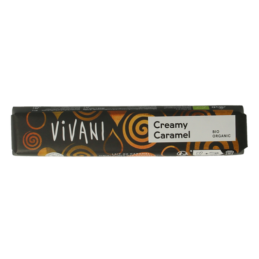 Vivani Chocolate To Go creamy caramel bio bar showing the chocolate with caramel filling and packaging.