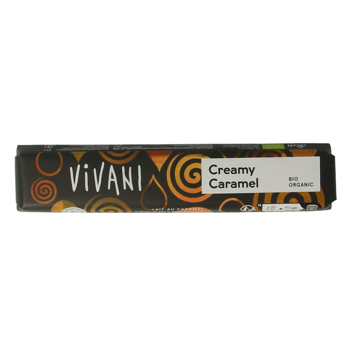 Vivani Chocolate To Go creamy caramel bio chocolate bar, 40g, with smooth caramel filling and organic ingredients.