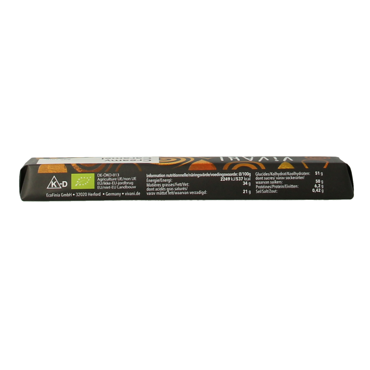 Vivani Chocolate To Go creamy caramel bio bar, 40g, featuring smooth caramel filling in a chocolate coating.
