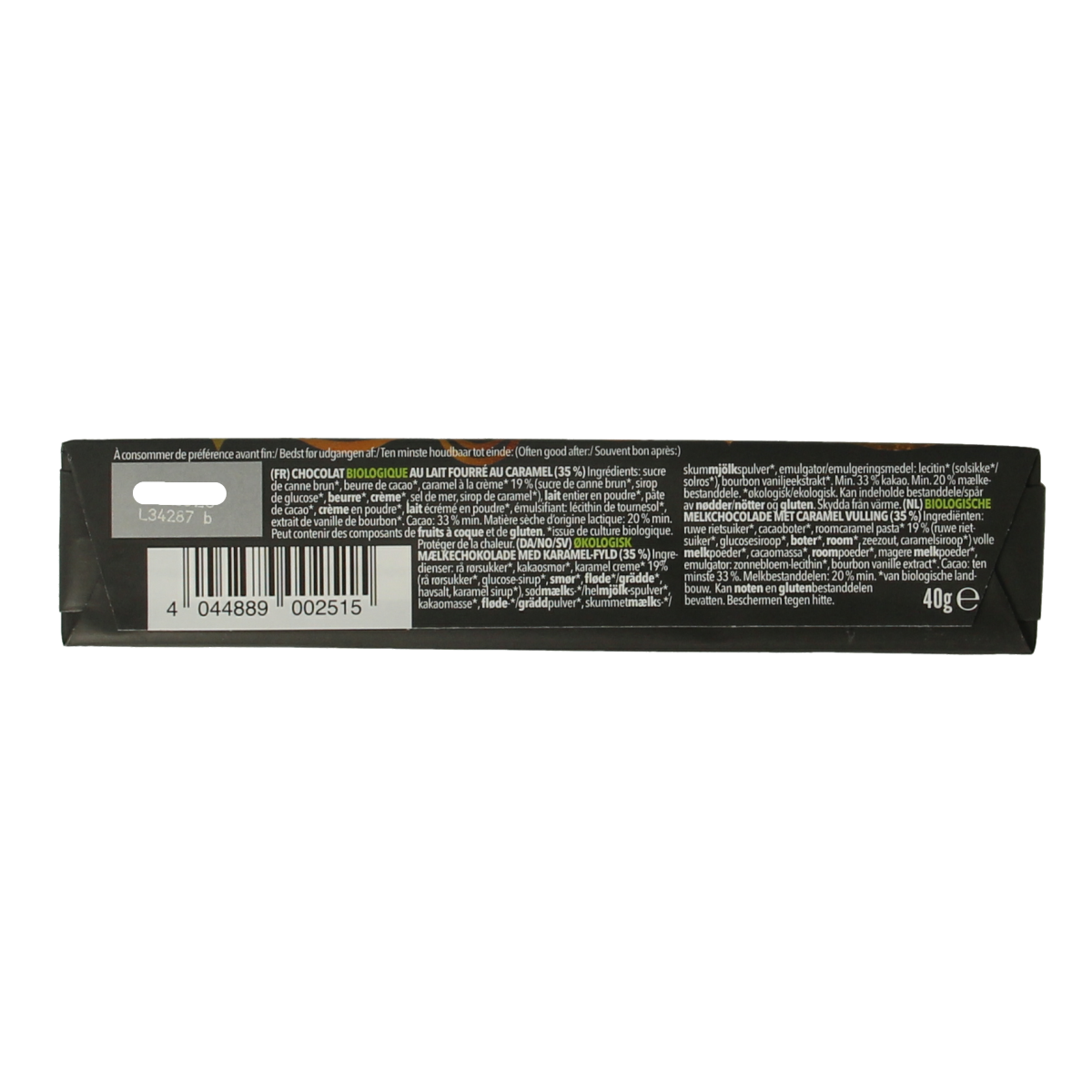 Vivani Chocolate To Go creamy caramel bio chocolate bar, 40g, with smooth caramel filling and organic ingredients.