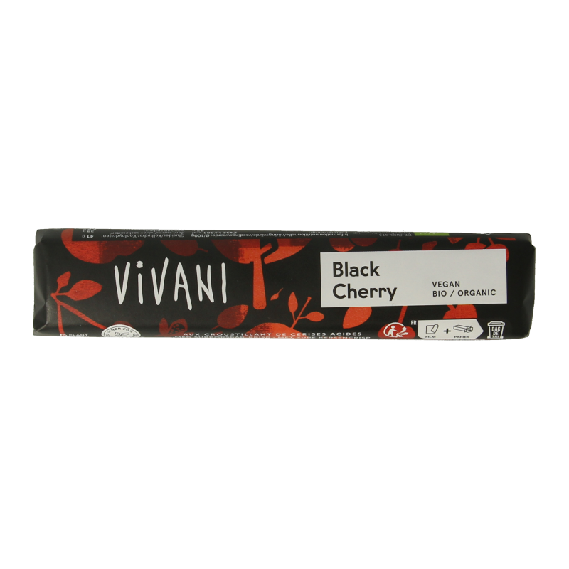 Vivani black cherry vegan chocolate to go bar, 35g, with dark chocolate and cherry pieces, perfect for a quick snack.