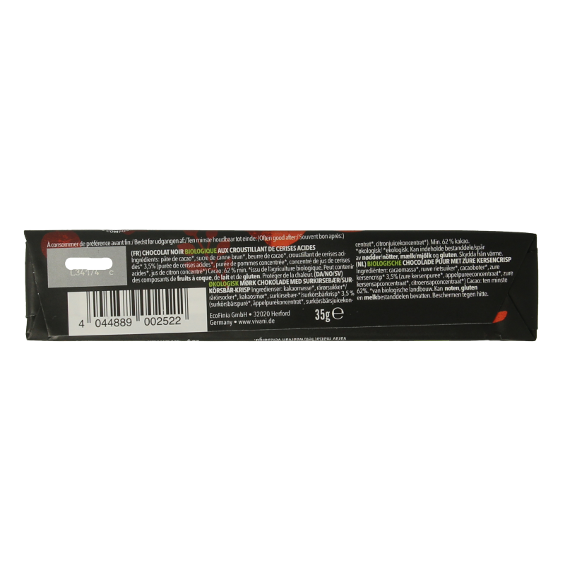 Vivani vegan black cherry chocolate to go bar, 35g, with dark chocolate and cherry pieces visible in the image.