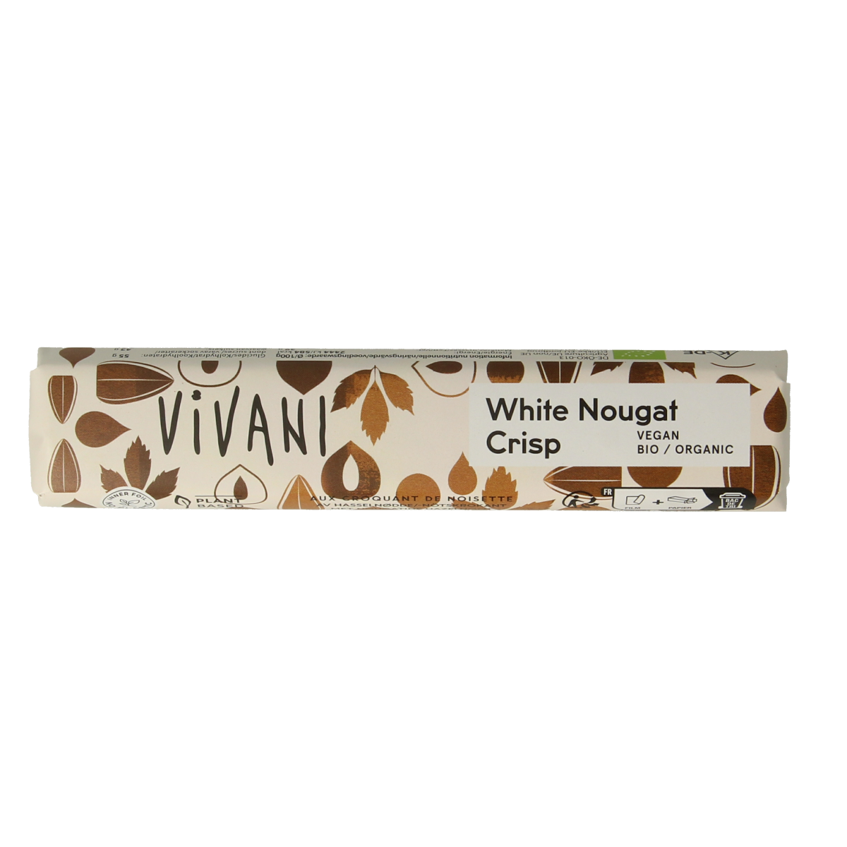Vivani White Nougat Crisp Chocolate bar with organic white chocolate and crunchy nougat, 35g.
