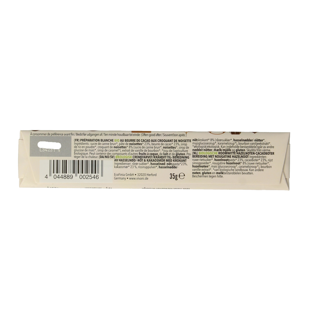 Vivani White Nougat Crisp Chocolate To Go bar, bio, 35g, with white chocolate and crunchy nougat pieces.