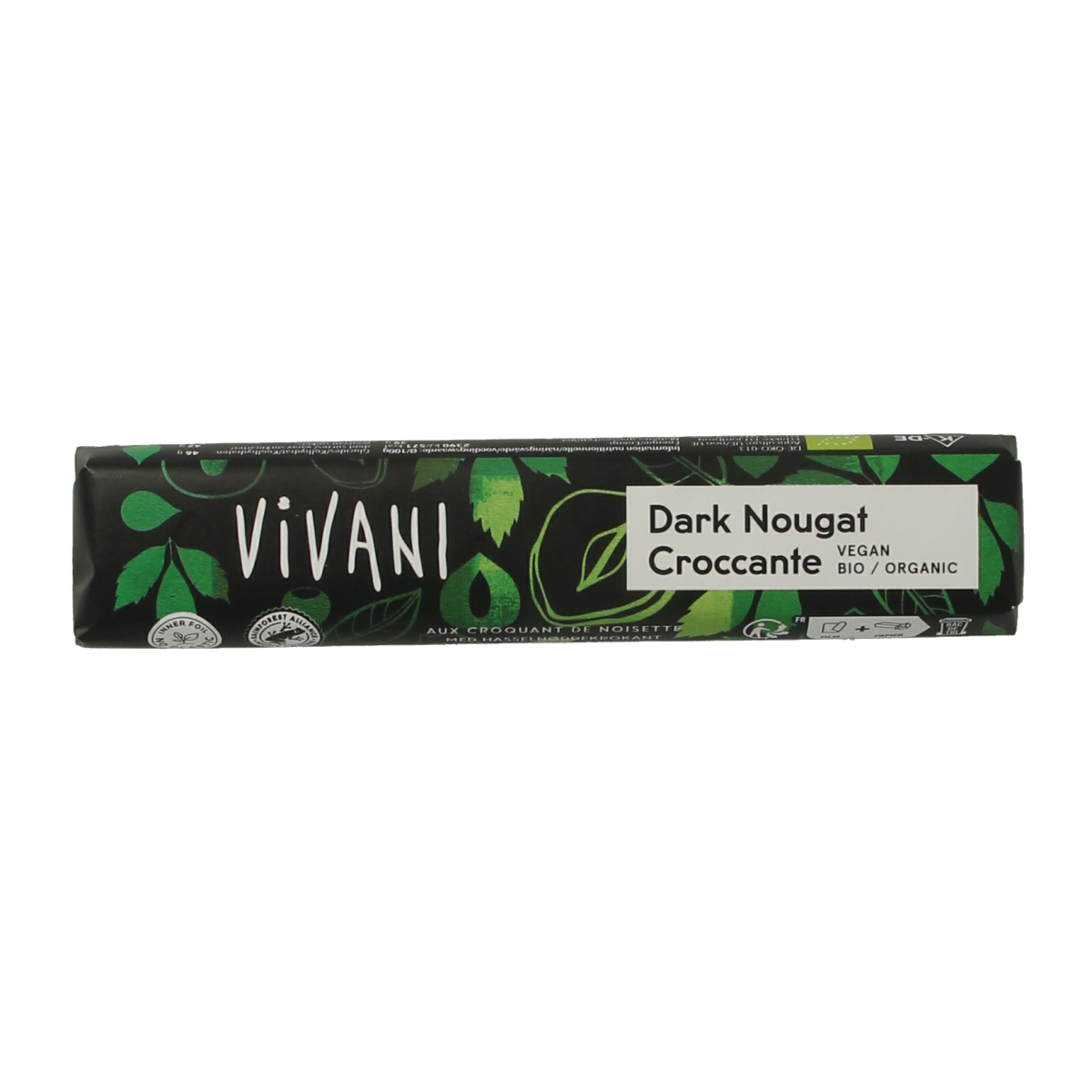 Vivani Chocolate To Go dark nougat croccante bio 35g package showing the chocolate bar with textured nougat filling