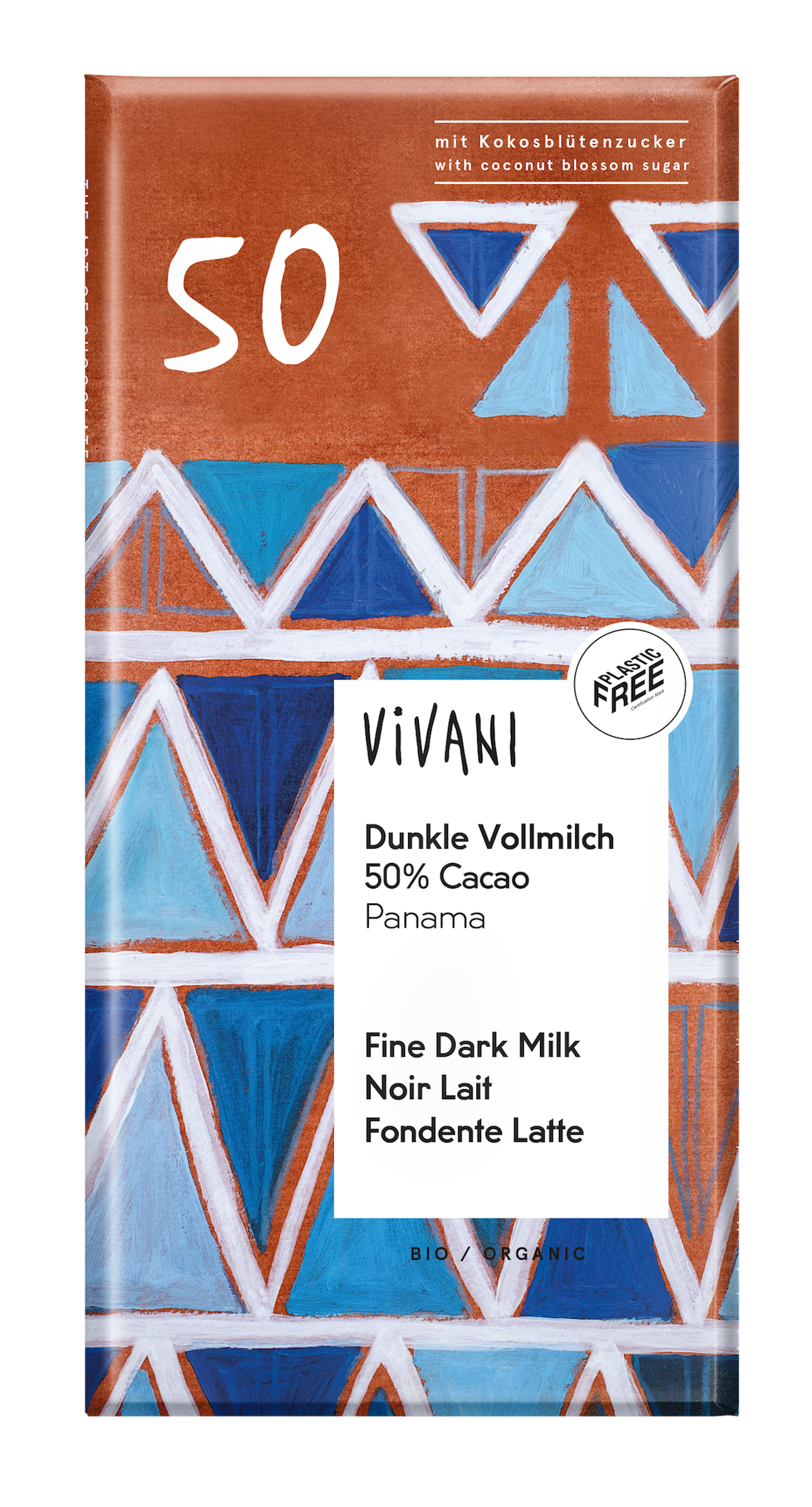 Vivani milk and dark chocolate with 50% cocoa and organic coconut blossom sugar, 80g bar, shown in the image.