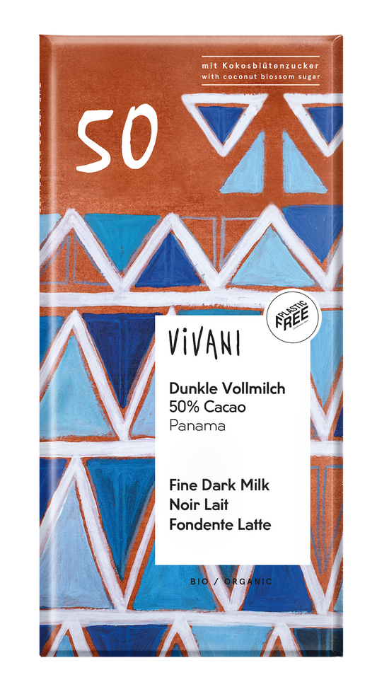 Vivani milk and dark chocolate with 50% cocoa and organic coconut blossom sugar, 80g bar, shown in the image.