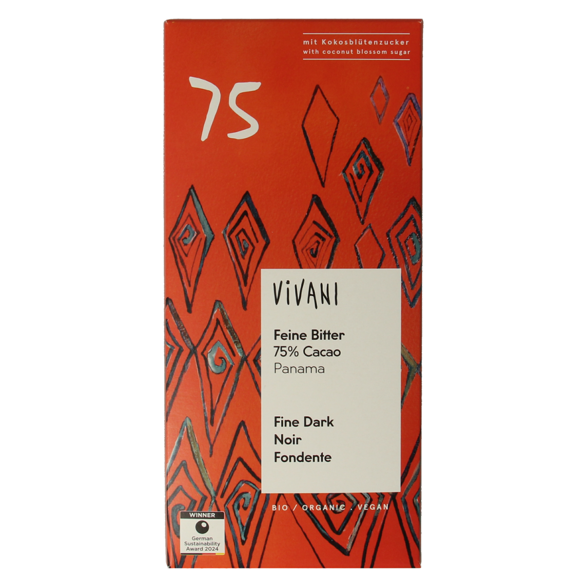 Vivani 75% cocoa dark chocolate with organic coconut blossom sugar, 80g bar, showcasing smooth chocolate with coconut sugar accents.