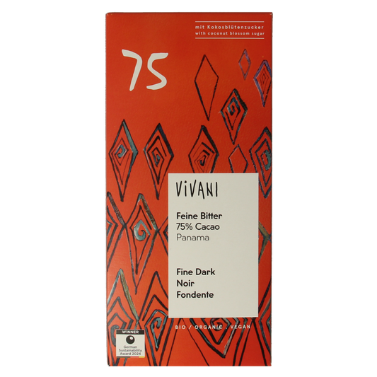 Vivani 75% cocoa dark chocolate with organic coconut blossom sugar, 80g bar, showcasing smooth chocolate with coconut sugar accents.