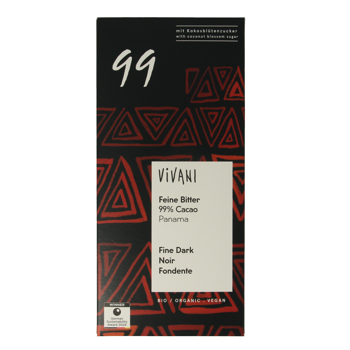 Vivani pure 99% cacao chocolate bar with organic coconut blossom sugar, 80g, showing dark chocolate pieces and coconut sugar details.