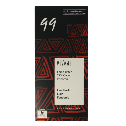 Vivani pure 99% cacao chocolate bar with organic coconut blossom sugar, 80g, showing dark chocolate pieces and coconut sugar details.