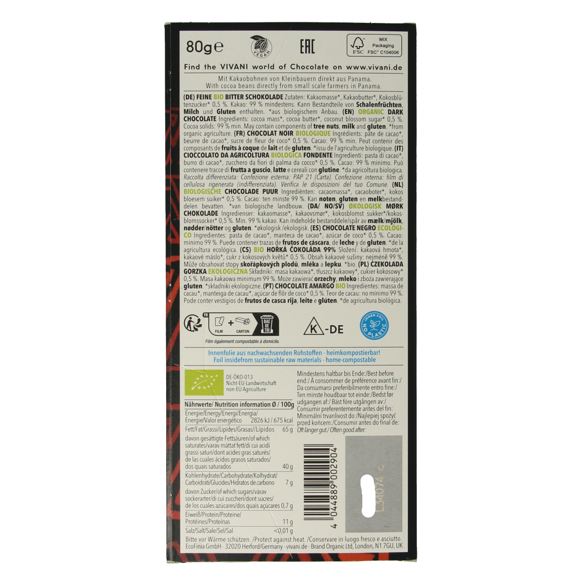 Vivani pure 99% cocoa chocolate bar with organic coconut blossom sugar, 80g, close-up of dark chocolate squares