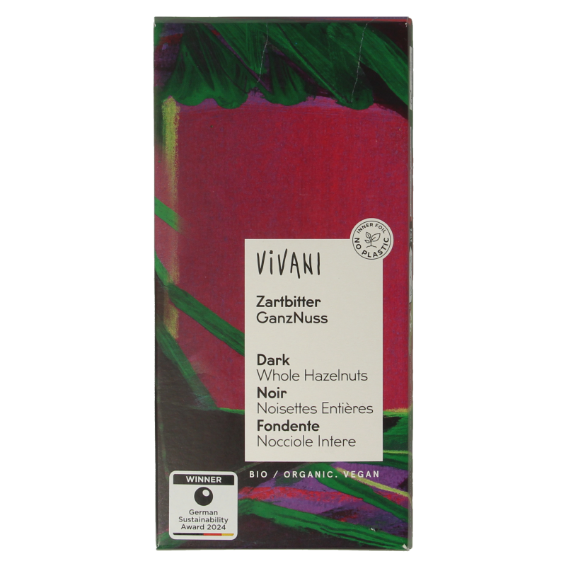 Vivani bio puur chocolade met hazelnoten, 100 gram, featuring smooth dark chocolate with crunchy hazelnuts.