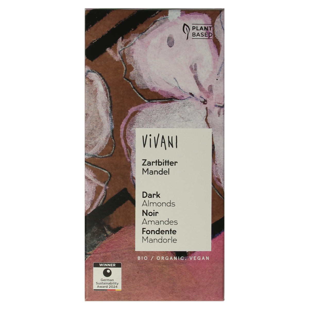 Vivani bio dark chocolate with almonds, 100g, showing a close-up of the chocolate bar with almonds embedded in the chocolate