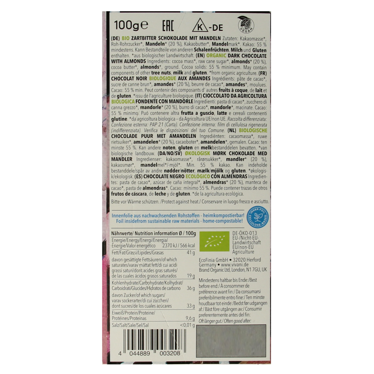 Organic Vivani dark chocolate with almonds in a 100g bar, showcasing the rich chocolate and crunchy almond pieces.