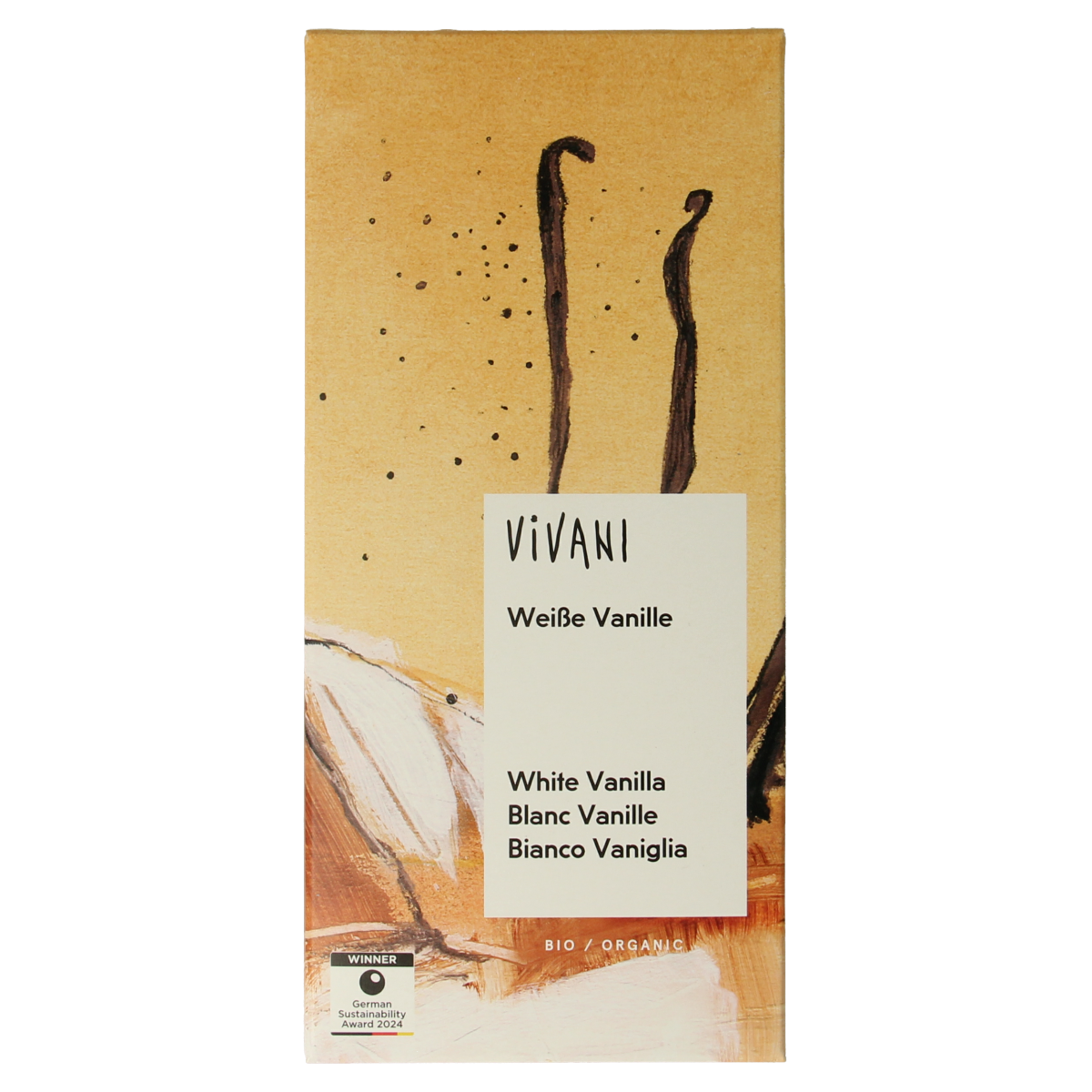Vivani organic white vanilla chocolate candy in an 80g package, featuring creamy white chocolate with vanilla flavor.