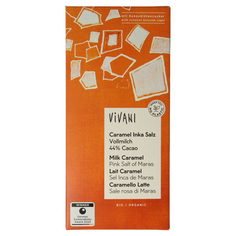 Vivani milk chocolate with sea salt and coconut blossom sugar, 80g, showcasing the chocolate bar with sea salt and coconut ingredients.