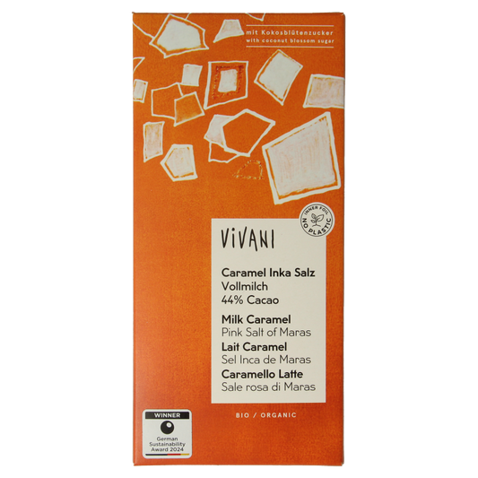 Vivani milk chocolate with sea salt and coconut blossom sugar, 80g, showcasing the chocolate bar with sea salt and coconut ingredients.
