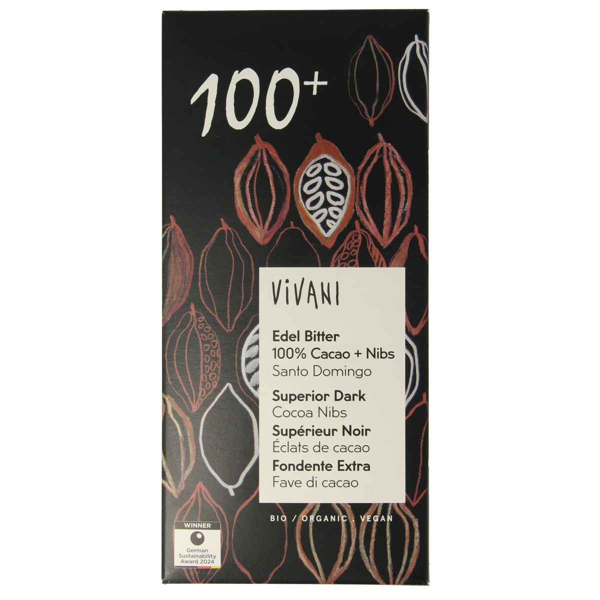 Vivani 100% pure cacao chocolate bar with cacao nibs, 80g, showing dark chocolate with cacao nib pieces on top.
