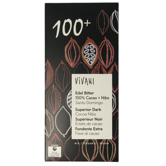 Vivani 100% pure cacao chocolate bar with cacao nibs, 80g, showing dark chocolate with cacao nib pieces on top.